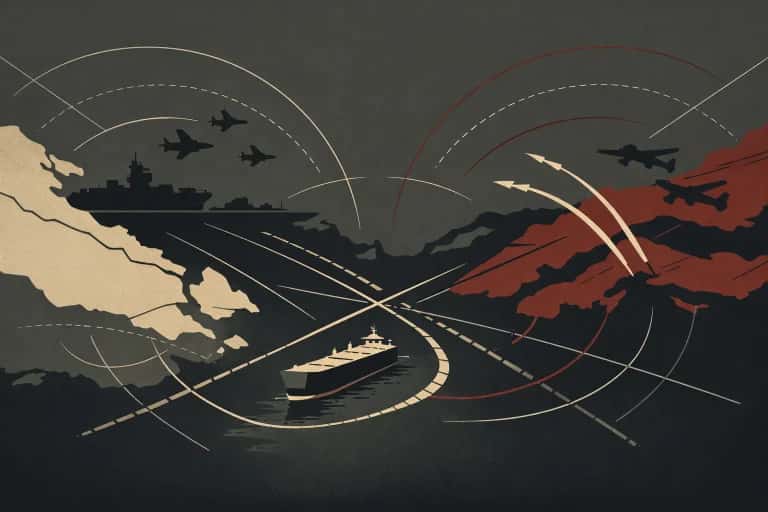 us iran war timeline strait of hormuz editorial illustration