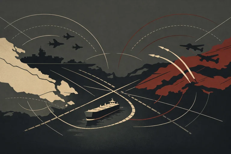 us iran war timeline strait of hormuz editorial illustration